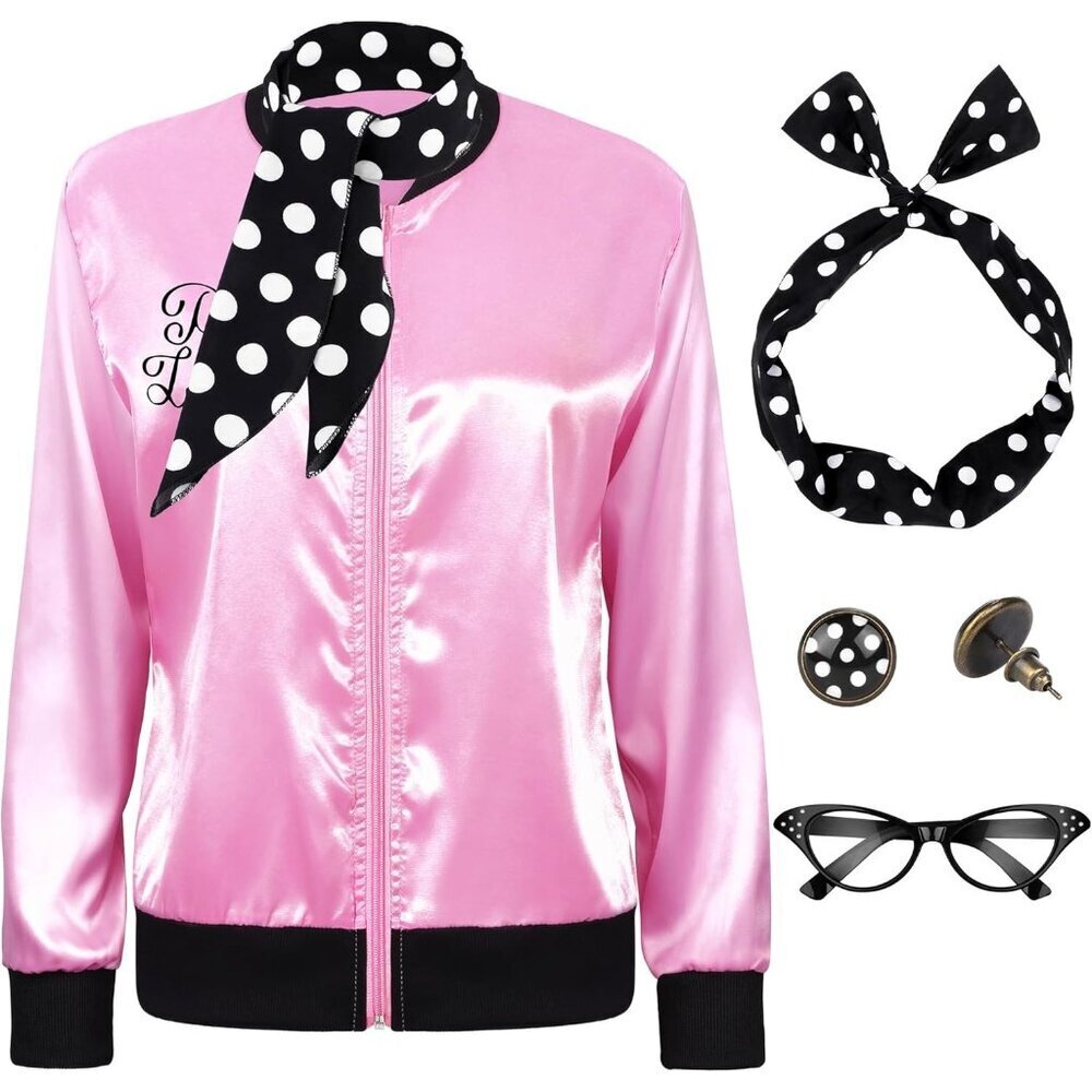 Women's Pink Satin Jacket with Polka Dot Scarf Headband Earrings Eye Glasses